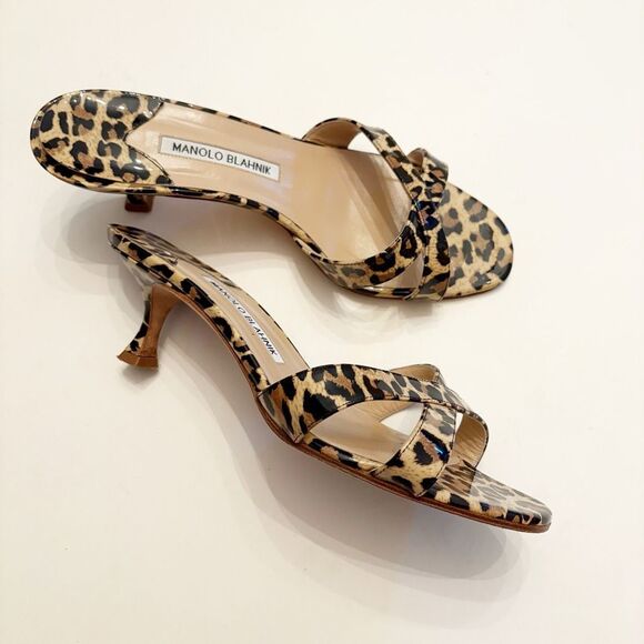 Manolo Blahnik Leopard Print Sandal patent Leather Kitten Heels 38.5 Italy - Picture 1 of 12
